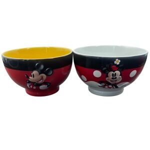 Disney Parks Mickey and Minnie Mouse Ceramic Bowl Set Red White Yellow 2 Piece